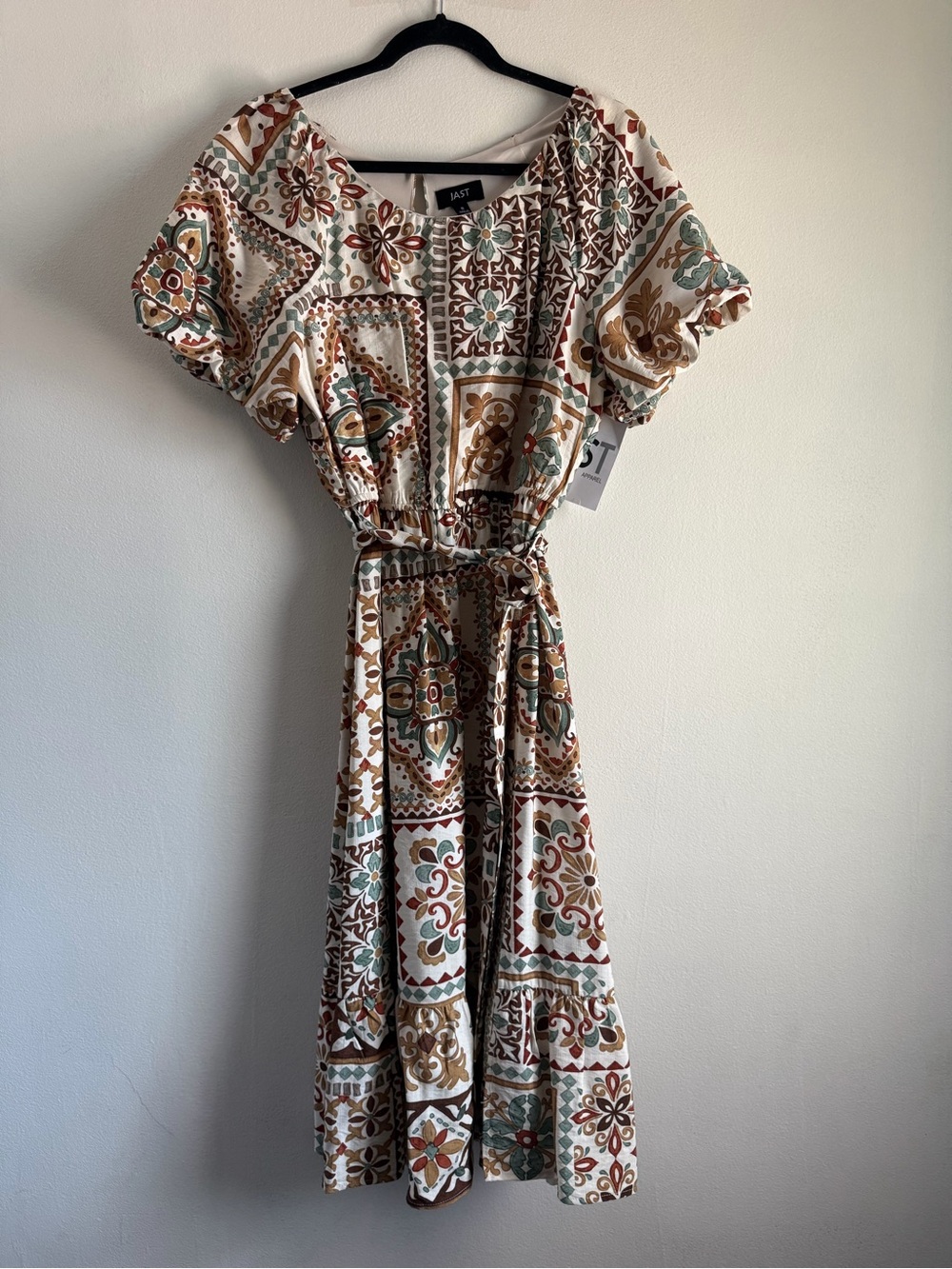 Cream Mosaic-Print Midi Dress with Elastic Waist